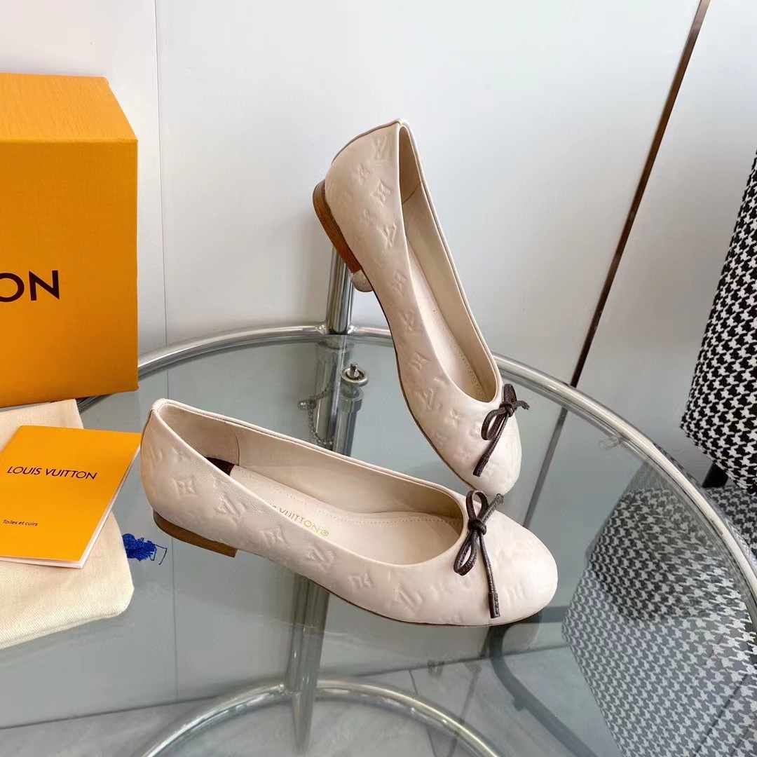 Louis Vuitton LV Women Nina Flat Ballerina Nude Pink Monogram Embossed Calf Leather Bow