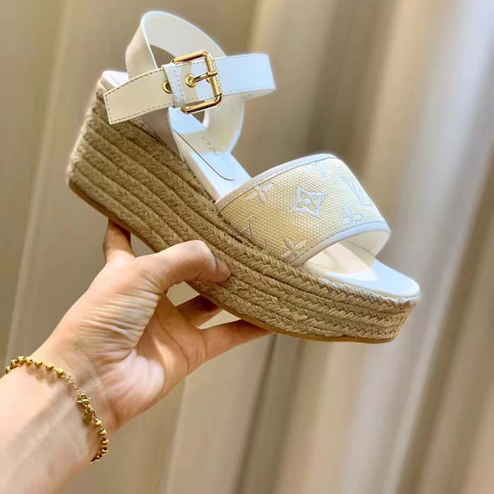 Louis Vuitton LV Women Starboard Wedge Sandal White Monogram-Embroidered Cotton