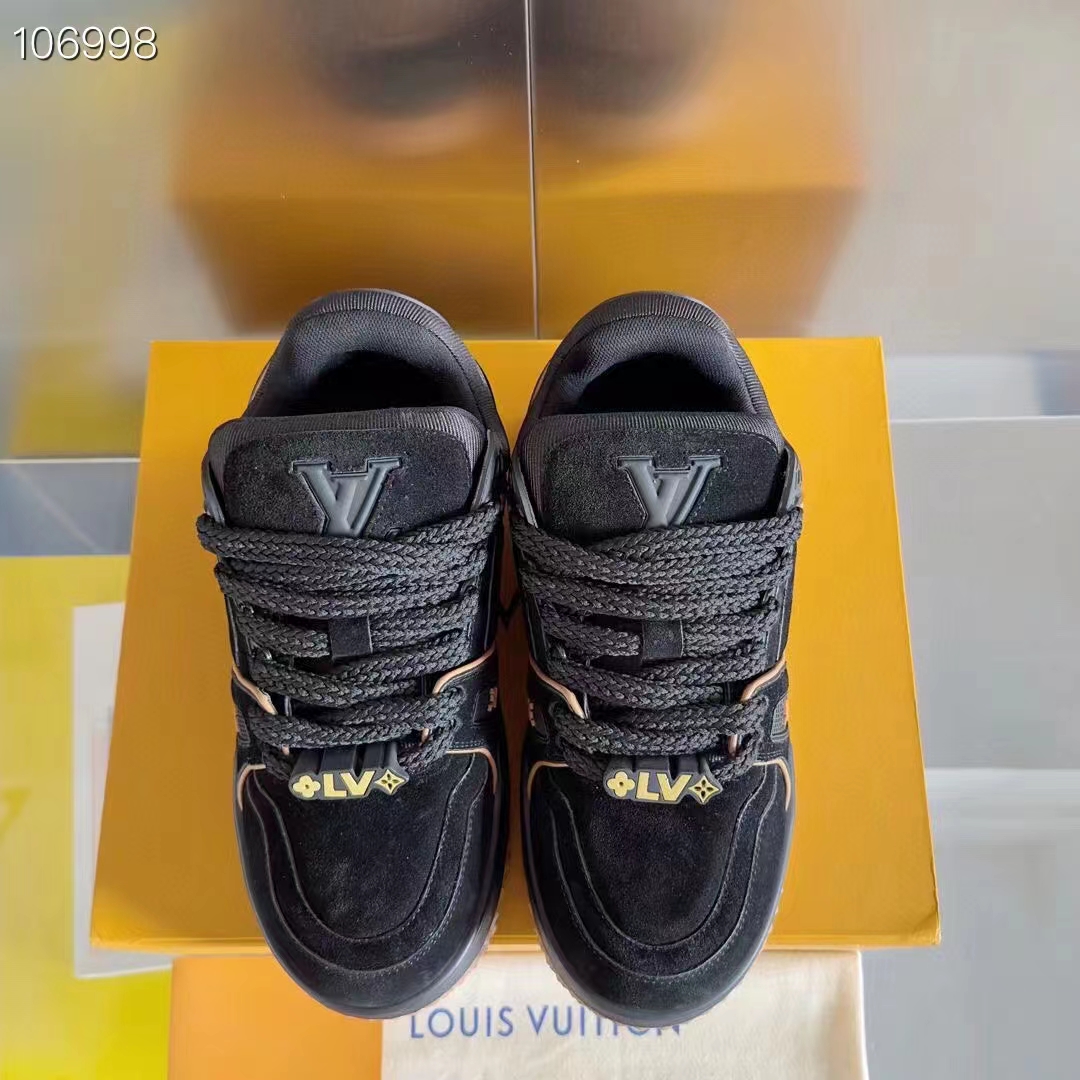 Louis Vuitton Unisex LV Trainer Maxi Black Suede Calf Leather Textile Laces Beads Rubber