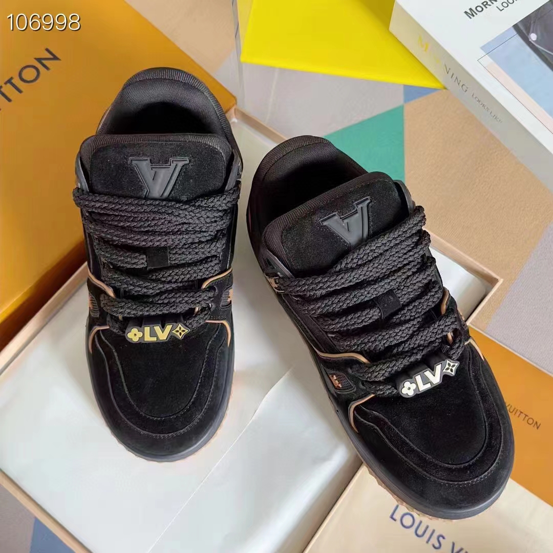 Louis Vuitton Unisex LV Trainer Maxi Black Suede Calf Leather Textile Laces Beads Rubber