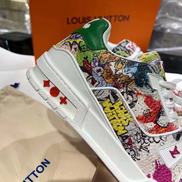Louis Vuitton Unisex LV Trainer Sneaker White Printed Canvas Rubber Outsole Monogram Flowers