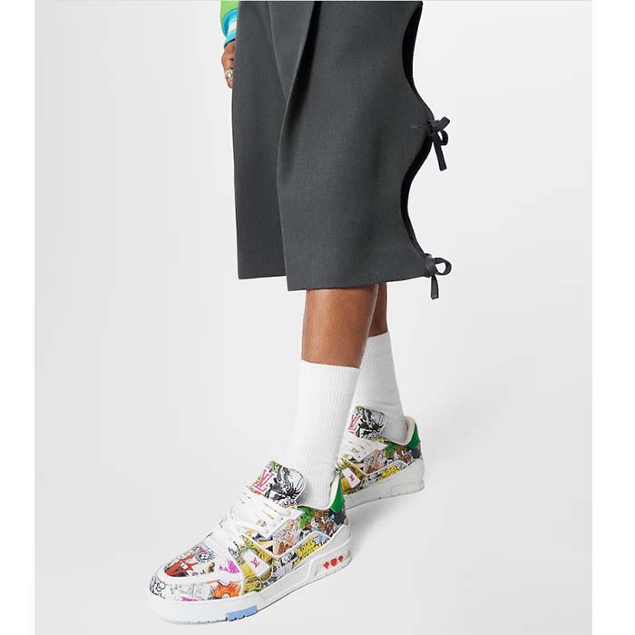 Louis Vuitton Unisex LV Trainer Sneaker White Printed Canvas Rubber Outsole Monogram Flowers