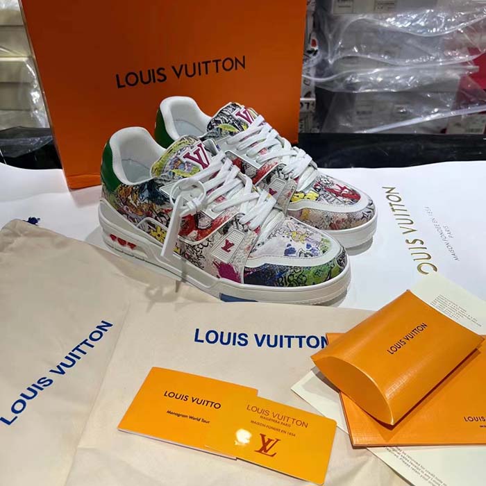 Louis Vuitton Unisex LV Trainer Sneaker White Printed Canvas Rubber Outsole Monogram Flowers