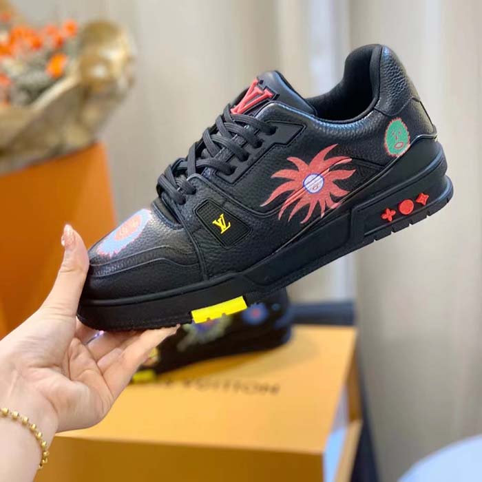Louis Vuitton Unisex LV x YK LV Trainer Sneaker Black Printed Grained Calf Leather Monogram Flowers