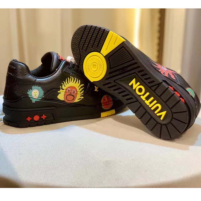 Louis Vuitton Unisex LV x YK LV Trainer Sneaker Black Printed Grained Calf Leather Monogram Flowers