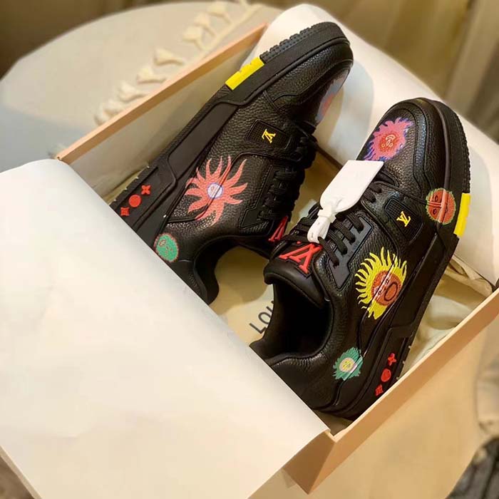 Louis Vuitton Unisex LV x YK LV Trainer Sneaker Black Printed Grained Calf Leather Monogram Flowers