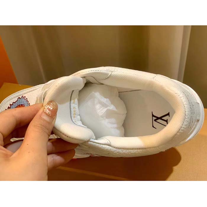 Louis Vuitton Unisex LV x YK LV Trainer Sneaker White Printed Grained Calf Leather Monogram Flowers