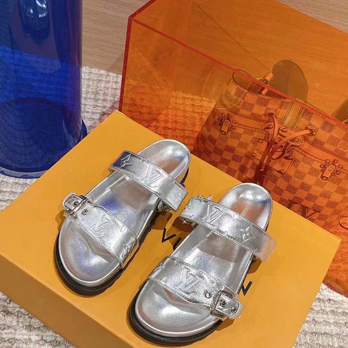 Louis Vuitton Women LV Bom Dia Flat Comfort Mule Silver Monogram-Embossed Calf