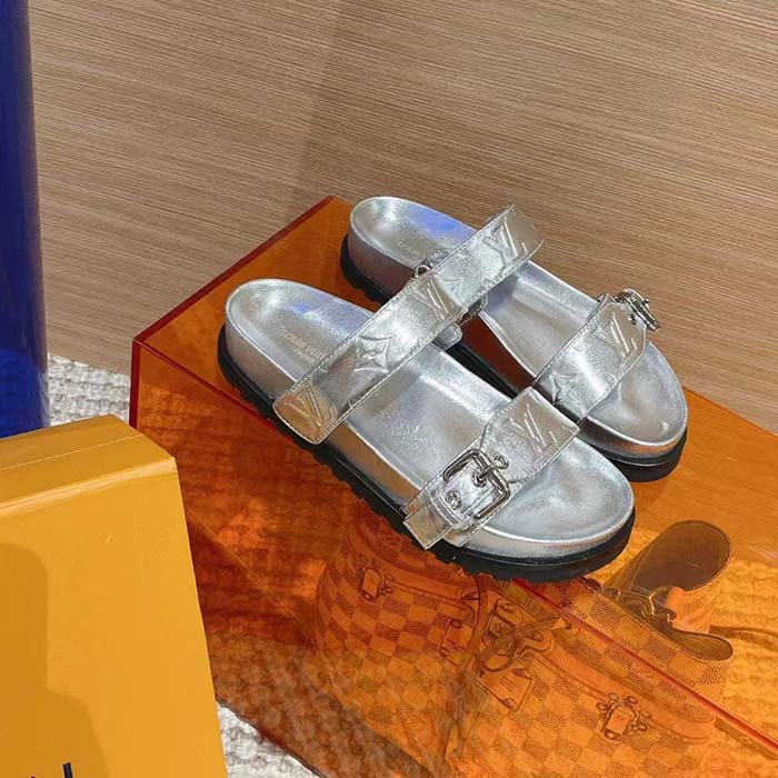 Louis Vuitton Women LV Bom Dia Flat Comfort Mule Silver Monogram-Embossed Calf