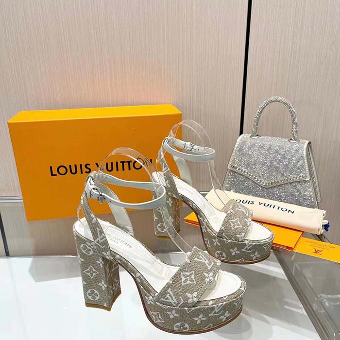 Louis Vuitton Women LV Fame Platform Sandal Beige Monogram Denim Leather 11.5 CM Heel