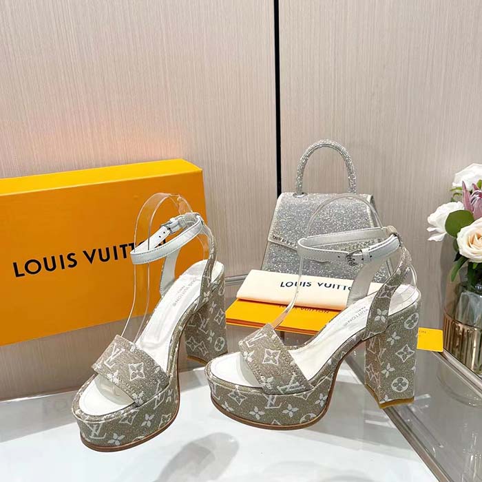 Louis Vuitton Women LV Fame Platform Sandal Beige Monogram Denim Leather 11.5 CM Heel