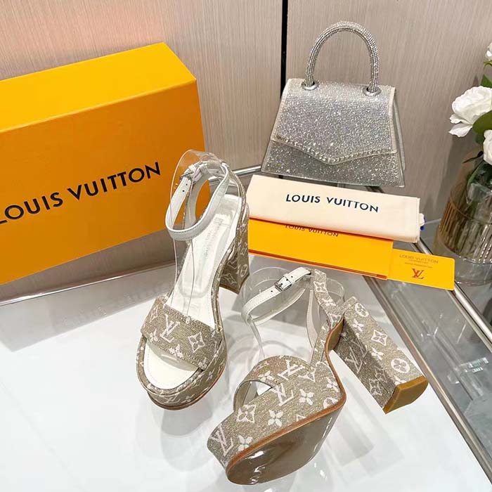 Louis Vuitton Women LV Fame Platform Sandal Beige Monogram Denim Leather 11.5 CM Heel