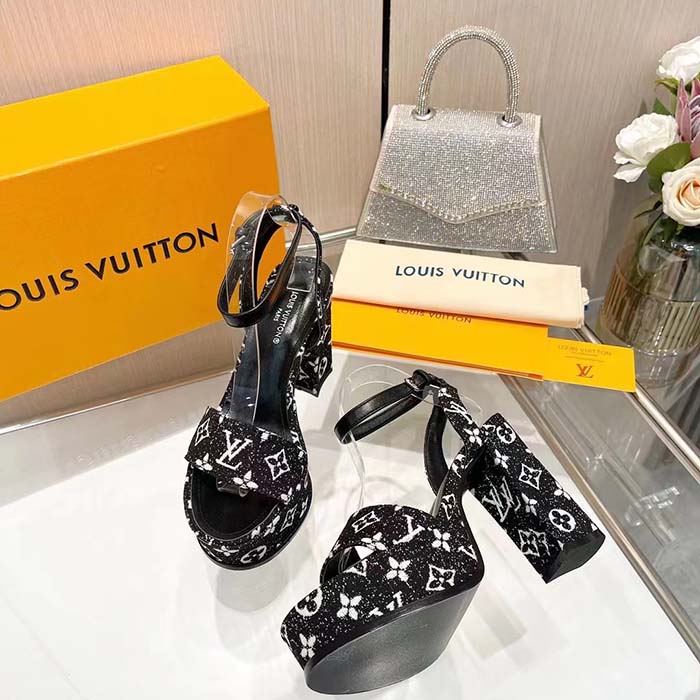Louis Vuitton Women LV Fame Platform Sandal Black Monogram Denim Leather 11.5 CM Heel