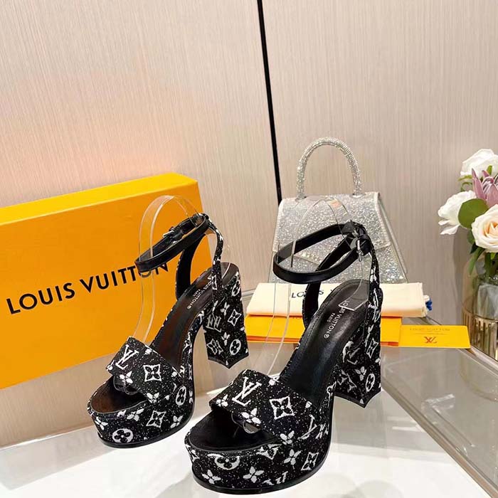 Louis Vuitton Women LV Fame Platform Sandal Black Monogram Denim Leather 11.5 CM Heel