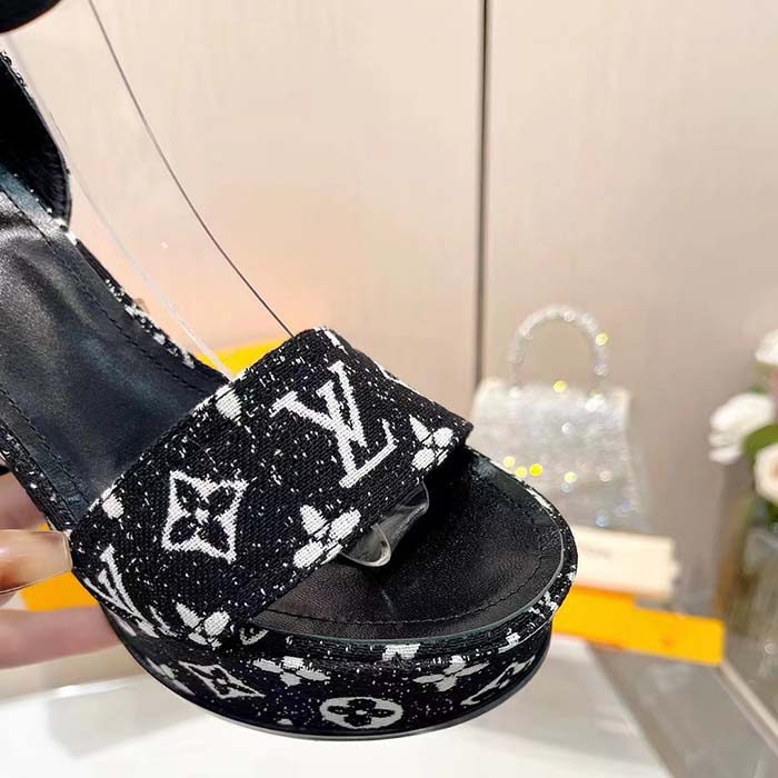 Louis Vuitton Women LV Fame Platform Sandal Black Monogram Denim Leather 11.5 CM Heel