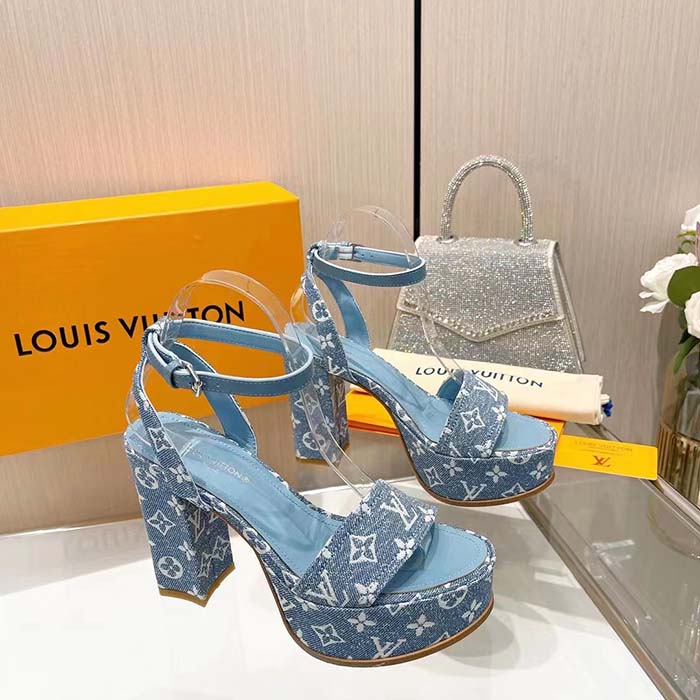 Louis Vuitton Women LV Fame Platform Sandal Blue Monogram Denim Leather 11.5 CM Heel