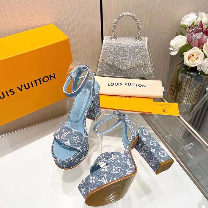 Louis Vuitton Women LV Fame Platform Sandal Blue Monogram Denim Leather 11.5 CM Heel