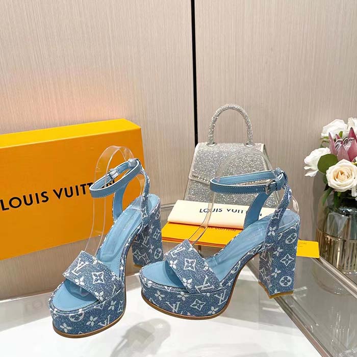 Louis Vuitton Women LV Fame Platform Sandal Blue Monogram Denim Leather 11.5 CM Heel