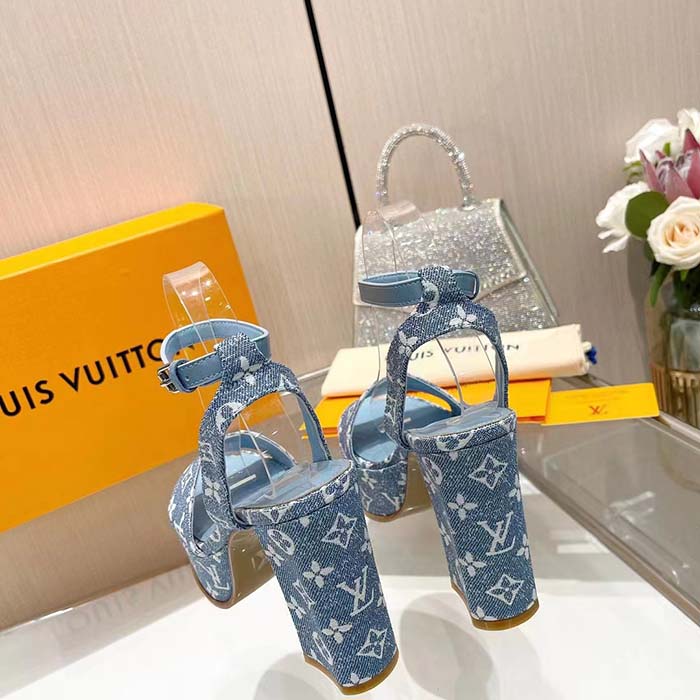 Louis Vuitton Women LV Fame Platform Sandal Blue Monogram Denim Leather 11.5 CM Heel