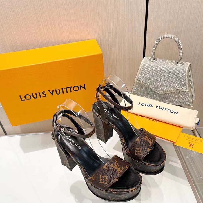 Louis Vuitton Women LV Fame Platform Sandal Brown Monogram Denim Leather 11.5 CM Heel