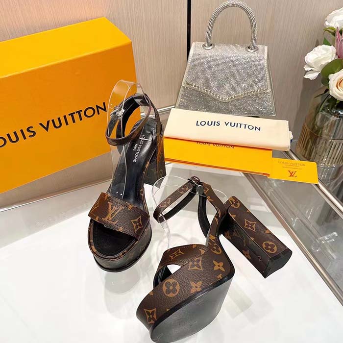Louis Vuitton Women LV Fame Platform Sandal Brown Monogram Denim Leather 11.5 CM Heel