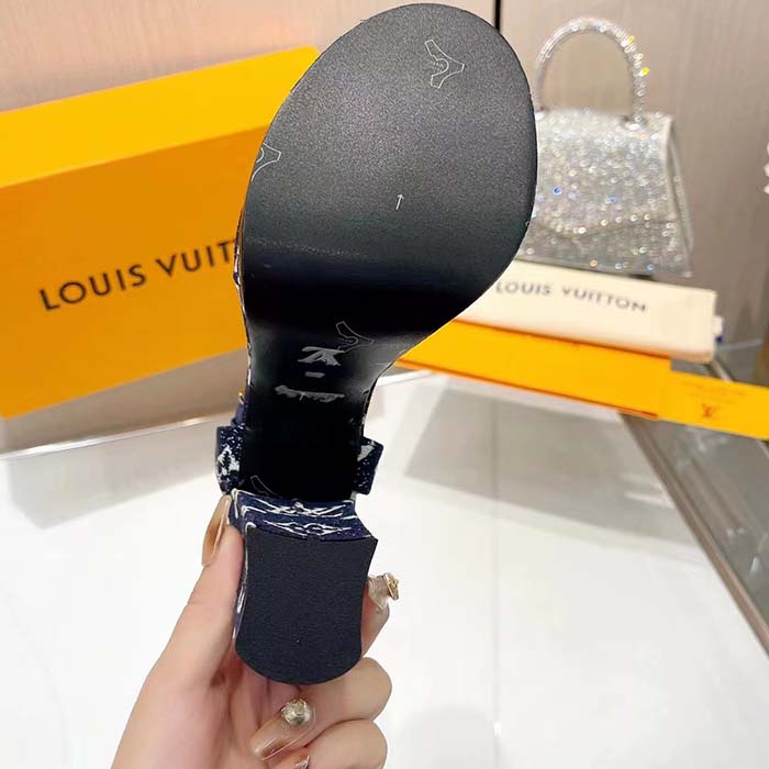 Louis Vuitton Women LV Fame Platform Sandal Navy Monogram Denim Leather 11.5 CM Heel