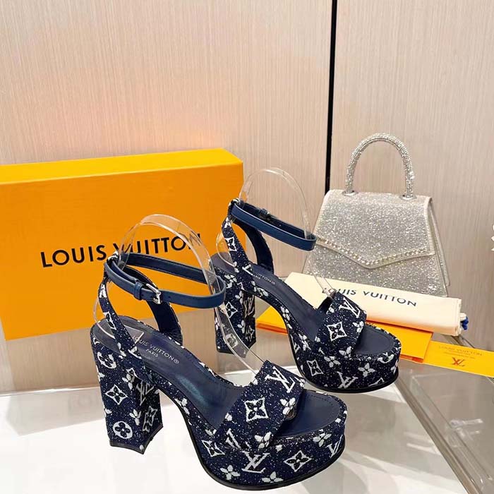 Louis Vuitton Women LV Fame Platform Sandal Navy Monogram Denim Leather 11.5 CM Heel