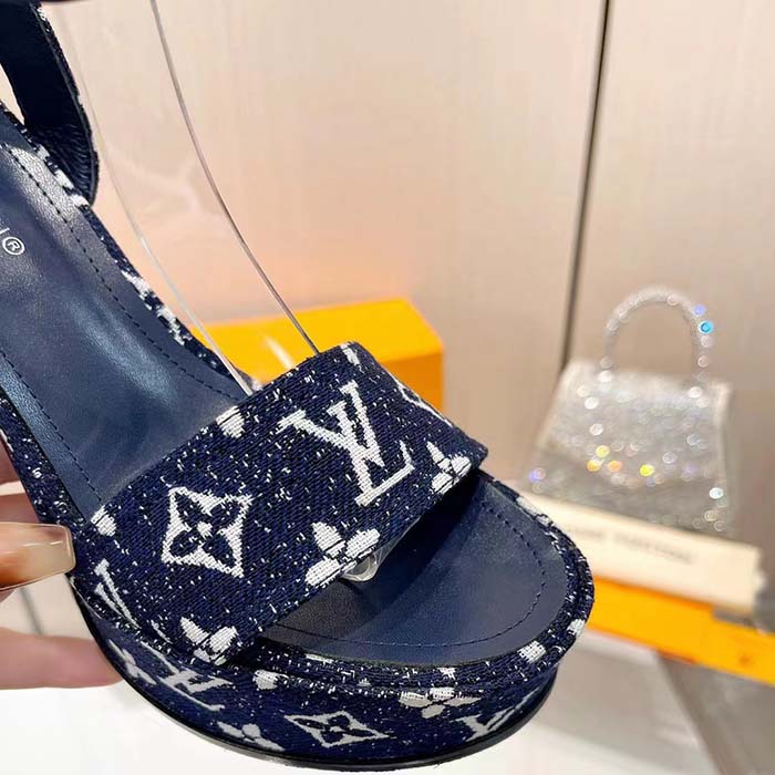 Louis Vuitton Women LV Fame Platform Sandal Navy Monogram Denim Leather 11.5 CM Heel
