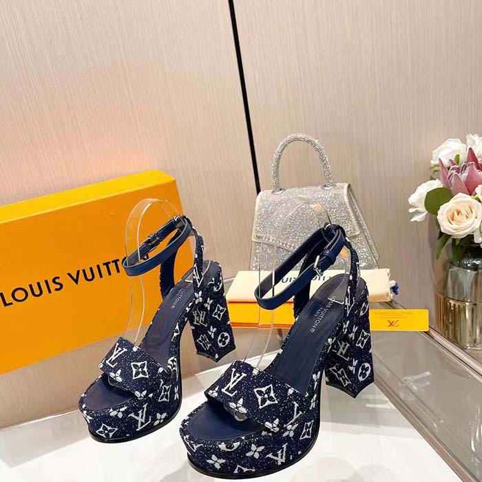 Louis Vuitton Women LV Fame Platform Sandal Navy Monogram Denim Leather 11.5 CM Heel