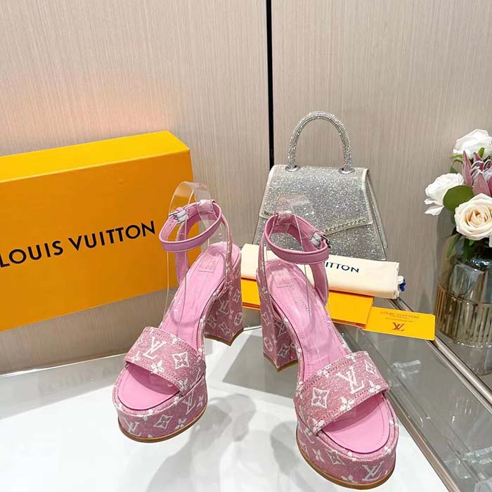 Louis Vuitton Women LV Fame Platform Sandal Pink Monogram Denim Leather 11.5 CM Heel