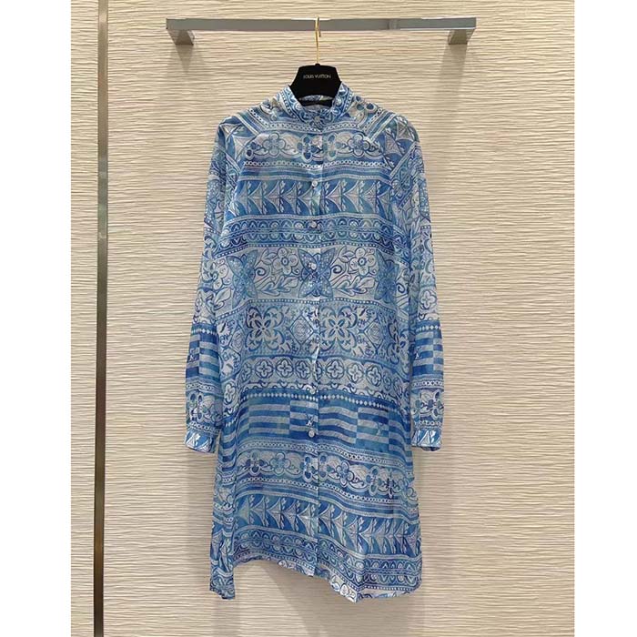 Louis Vuitton Women LV Monogram Tile Long Shirt Dress Cotton Blue White Regular Fit