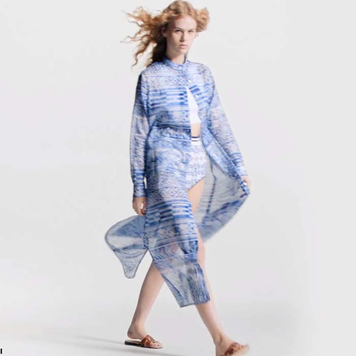 Louis Vuitton Women LV Monogram Tile Long Shirt Dress Cotton Blue White Regular Fit