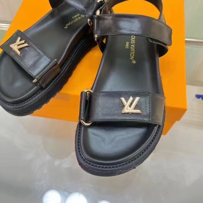 Louis Vuitton Women LV Sunset Comfort Flat Sandal Ivory Black Lamb Leather