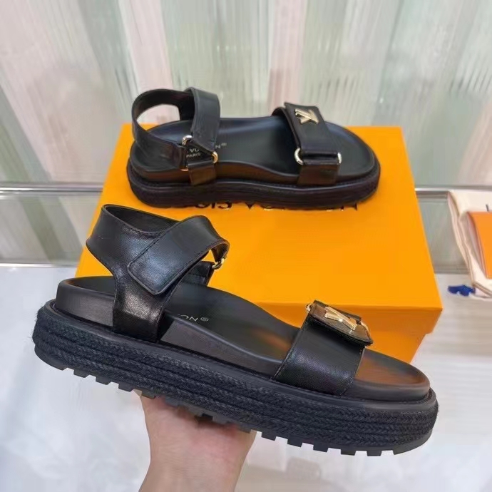 Louis Vuitton Women LV Sunset Comfort Flat Sandal Ivory Black Lamb Leather