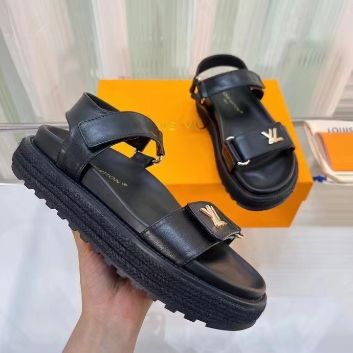 Louis Vuitton Women LV Sunset Comfort Flat Sandal Ivory Black Lamb Leather
