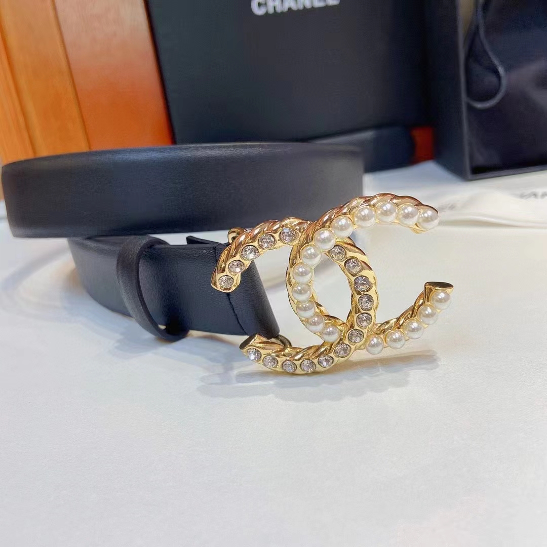 Chanel Women CC Belt Calfskin Gold-Tone Metal Resin Strass Black
