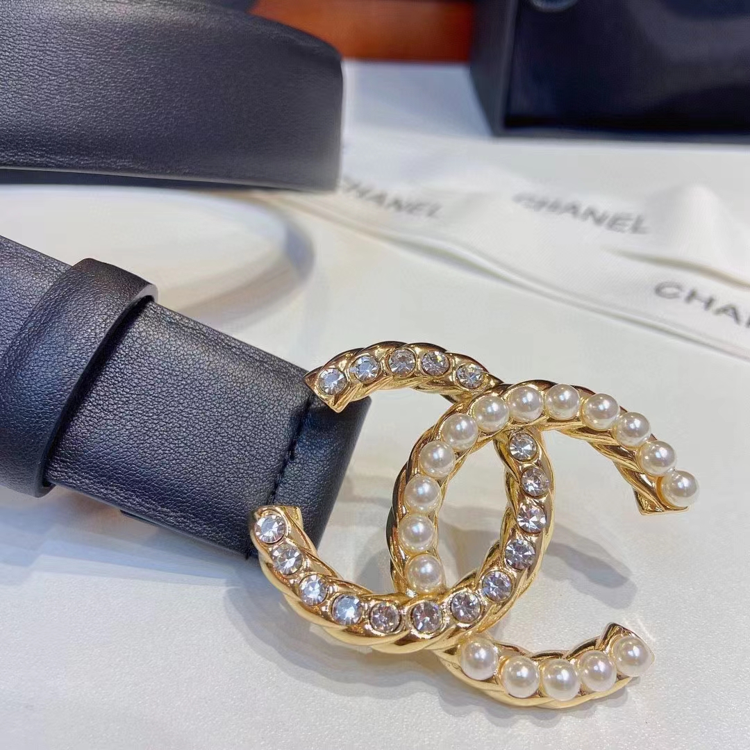 Chanel Women CC Belt Calfskin Gold-Tone Metal Resin Strass Black