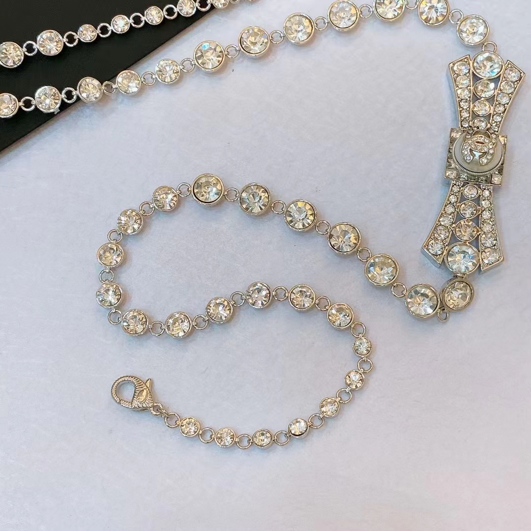 Chanel Women CC Belt Metal Strass Imitation Pearls Silver Crystal Pearly White