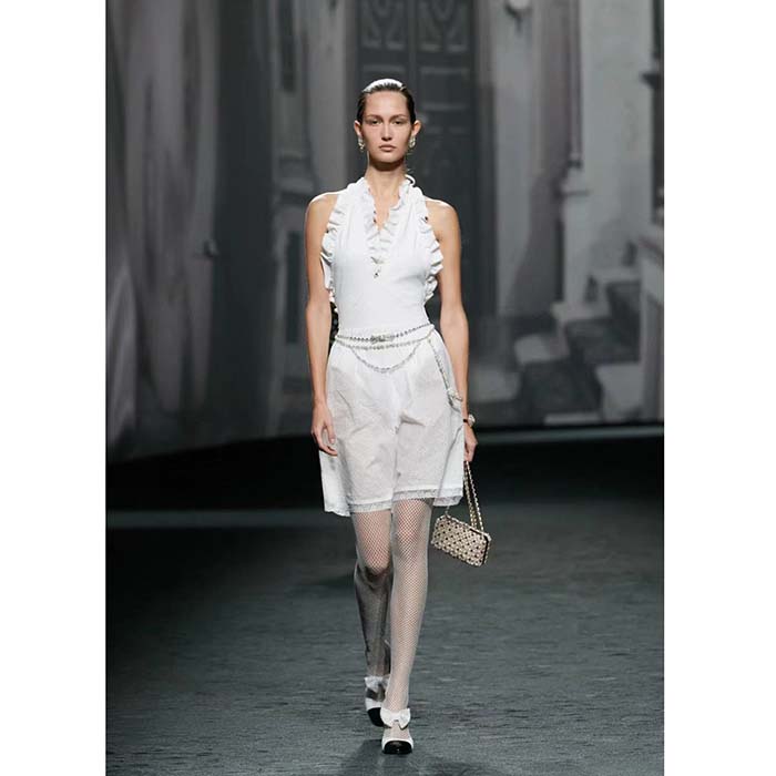 Chanel Women CC Belt Metal Strass Imitation Pearls Silver Crystal Pearly White