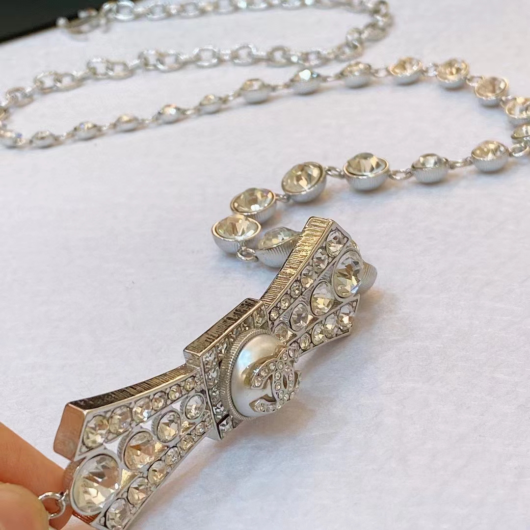 Chanel Women CC Belt Metal Strass Imitation Pearls Silver Crystal Pearly White