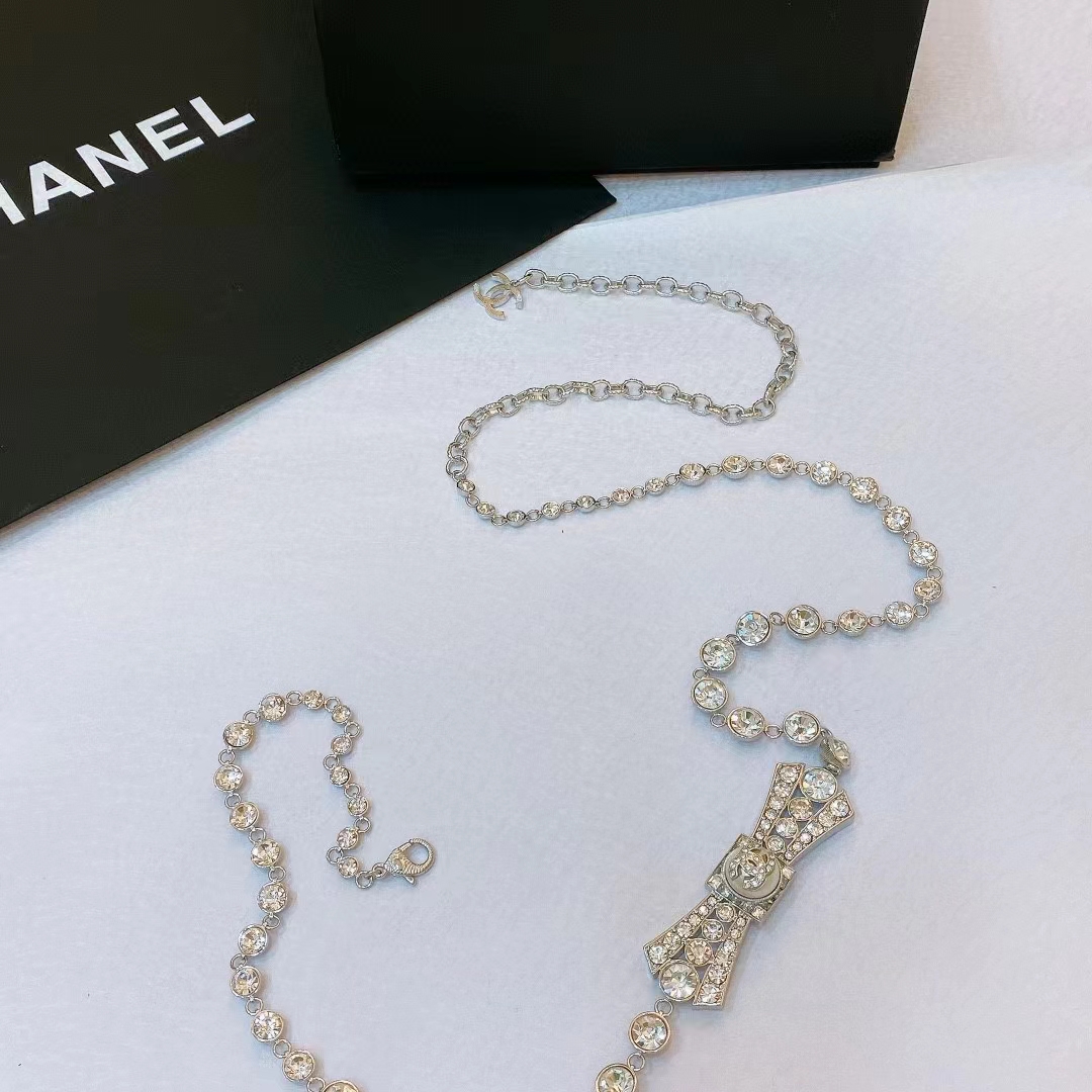 Chanel Women CC Belt Metal Strass Imitation Pearls Silver Crystal Pearly White