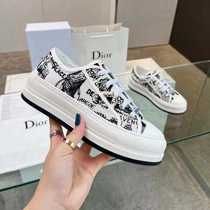 Dior CD Unisex Walk’n’Dior Sneaker White Black Cotton Embroidered Plan De Paris