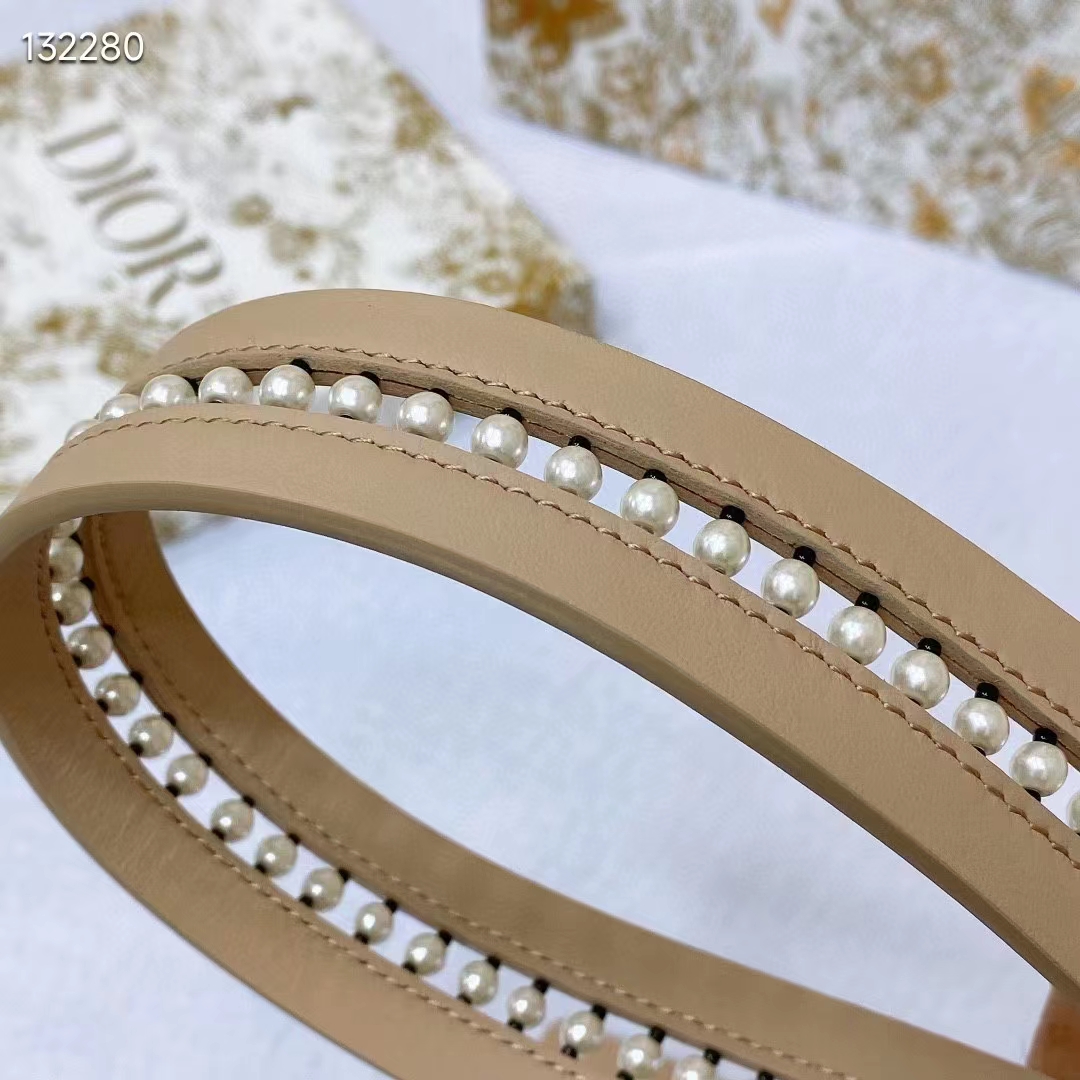 Dior CD Women 30 Montaigne Belt Aesthetic Beige Smooth Calfskin White Glass Pearls 25 MM Width