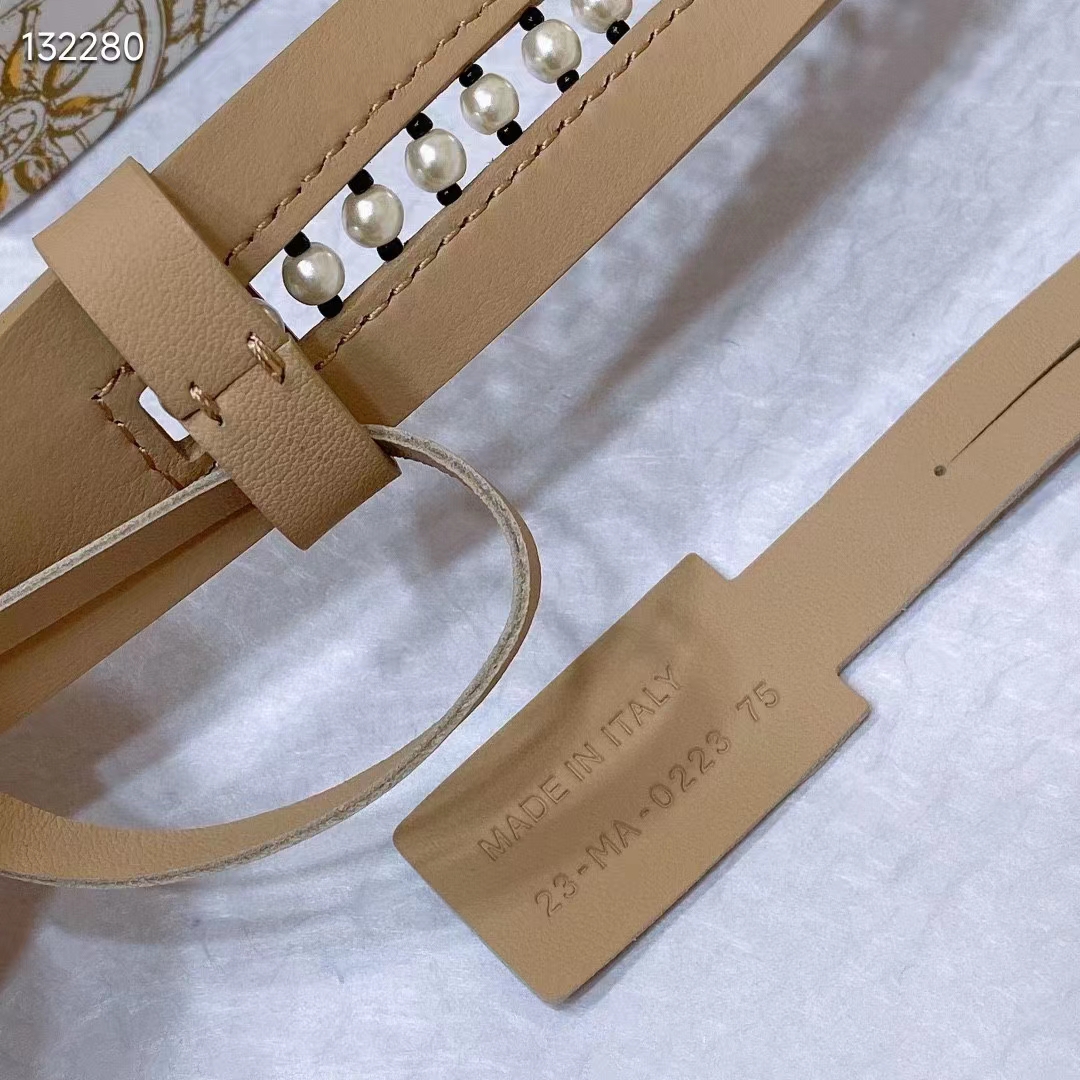 Dior CD Women 30 Montaigne Belt Aesthetic Beige Smooth Calfskin White Glass Pearls 25 MM Width