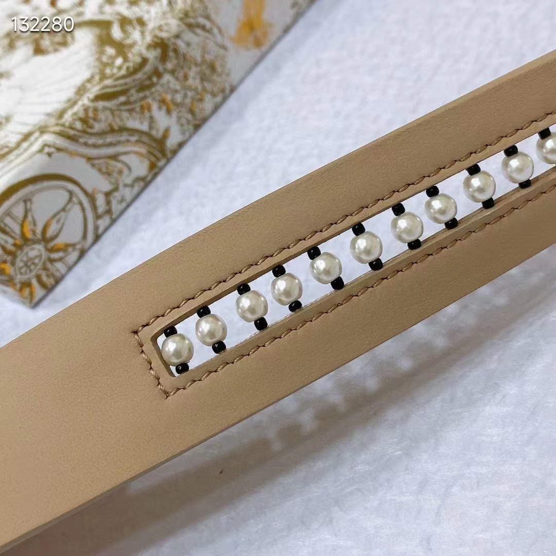Dior CD Women 30 Montaigne Belt Aesthetic Beige Smooth Calfskin White Glass Pearls 25 MM Width