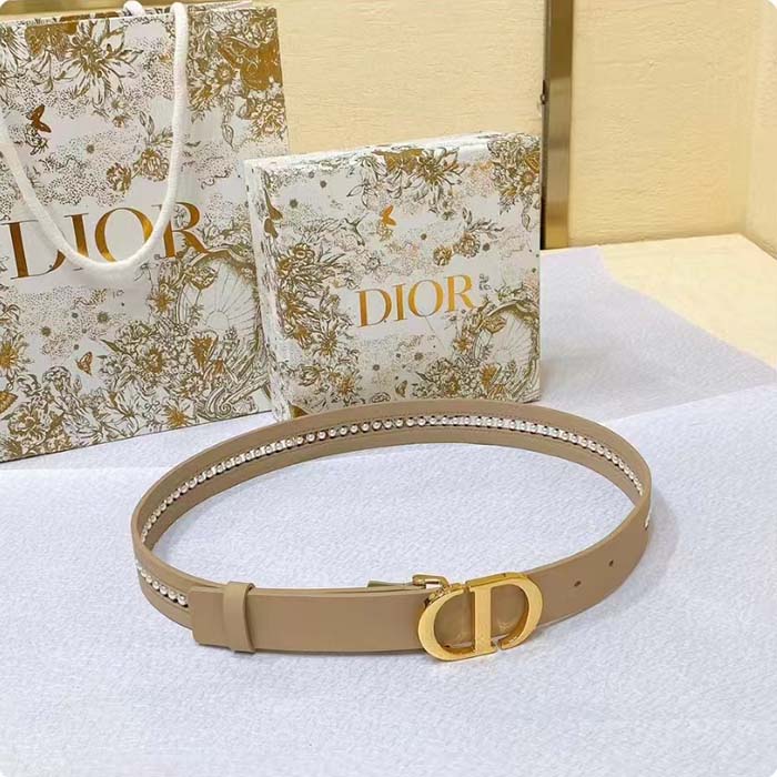 Dior CD Women 30 Montaigne Belt Aesthetic Beige Smooth Calfskin White Glass Pearls 25 MM Width