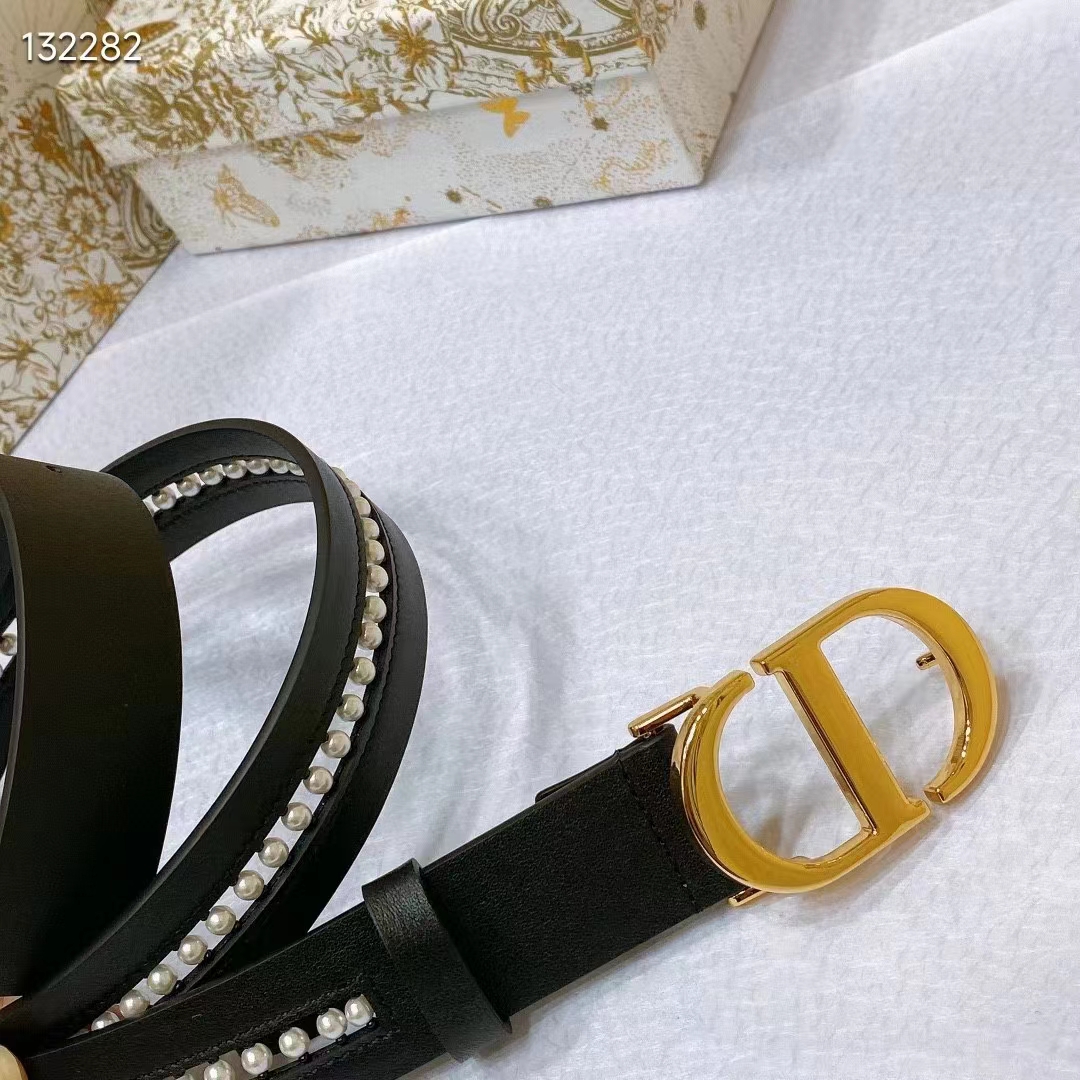 Dior CD Women 30 Montaigne Belt Aesthetic Black Smooth Calfskin White Glass Pearls 25 MM Width