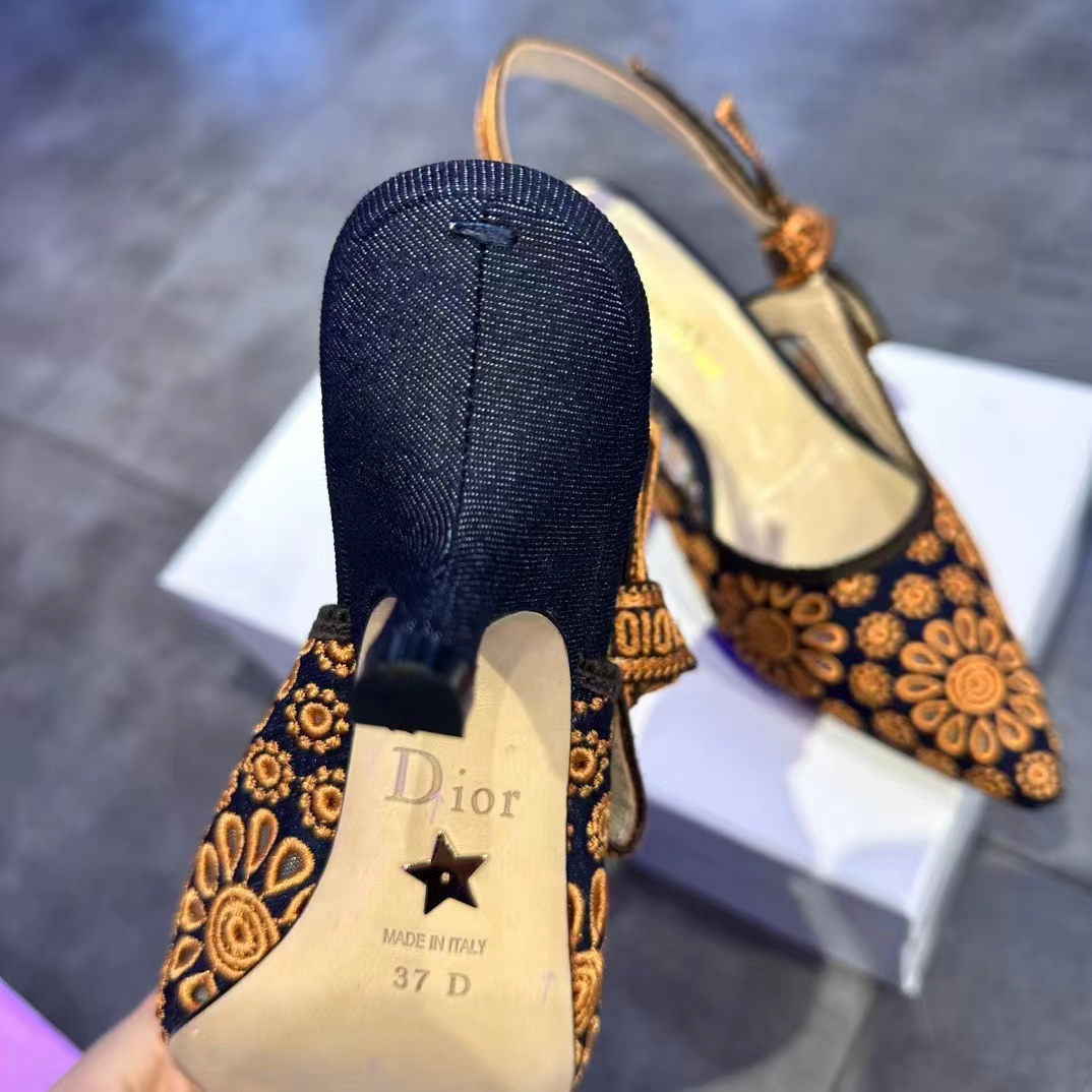 Dior CD Women J’Adior Slingback Pump Blue Denim Embroidered Camel-Colored Saint-Gall Motif