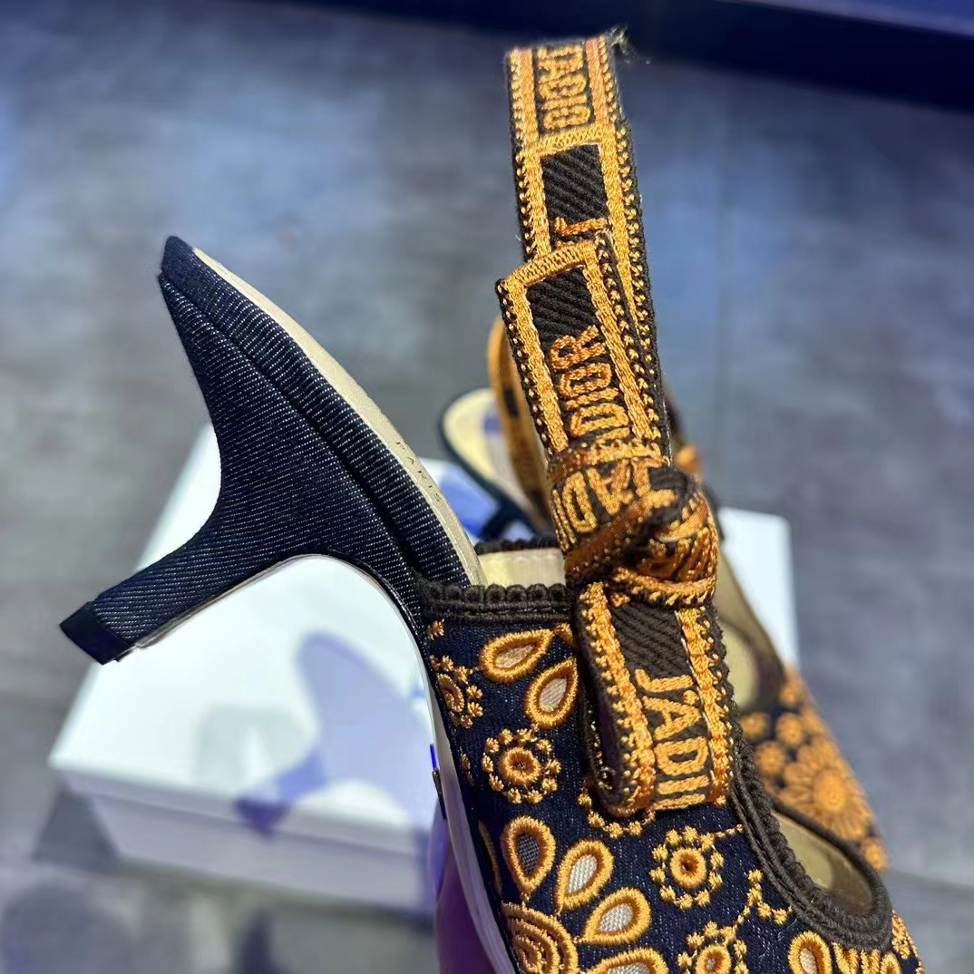 Dior CD Women J’Adior Slingback Pump Blue Denim Embroidered Camel-Colored Saint-Gall Motif