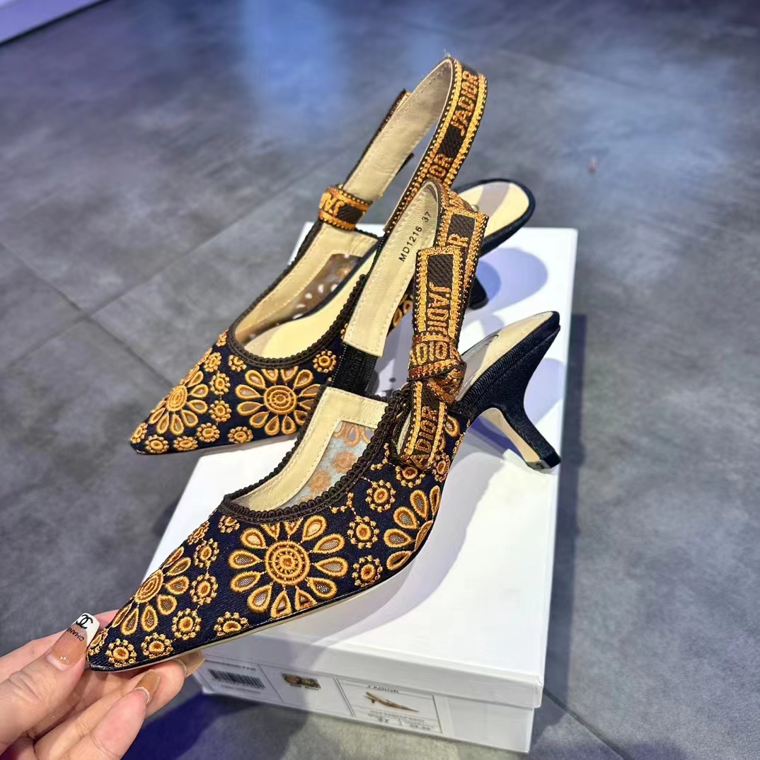 Dior CD Women J’Adior Slingback Pump Blue Denim Embroidered Camel-Colored Saint-Gall Motif